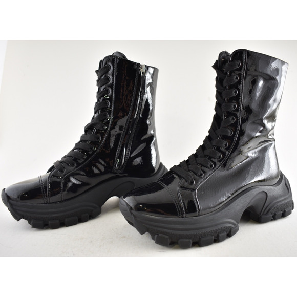 Miu Miu Naplak Tech Black Patent Leather Platform Lace Up Combat Moto Boot 36.5 - Picture 12 of 15